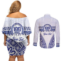 Personalised Queen Salote College Couples Matching Off Shoulder Short Dress and Long Sleeve Button Shirt Kolisi Fefine 100th Anniversary Kupesi White - Polynesian Pride