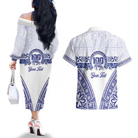 Personalised Queen Salote College Couples Matching Off The Shoulder Long Sleeve Dress and Hawaiian Shirt Kolisi Fefine 100th Anniversary Kupesi White - Polynesian Pride