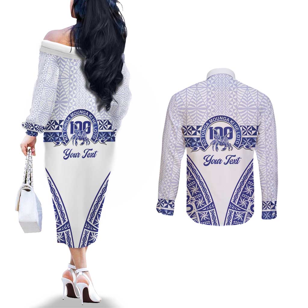 Personalised Queen Salote College Couples Matching Off The Shoulder Long Sleeve Dress and Long Sleeve Button Shirt Kolisi Fefine 100th Anniversary Kupesi White - Polynesian Pride