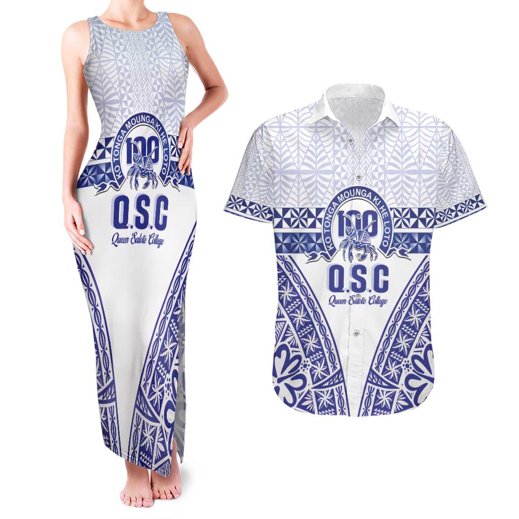 Personalised Queen Salote College Couples Matching Tank Maxi Dress and Hawaiian Shirt Kolisi Fefine 100th Anniversary Kupesi White - Polynesian Pride