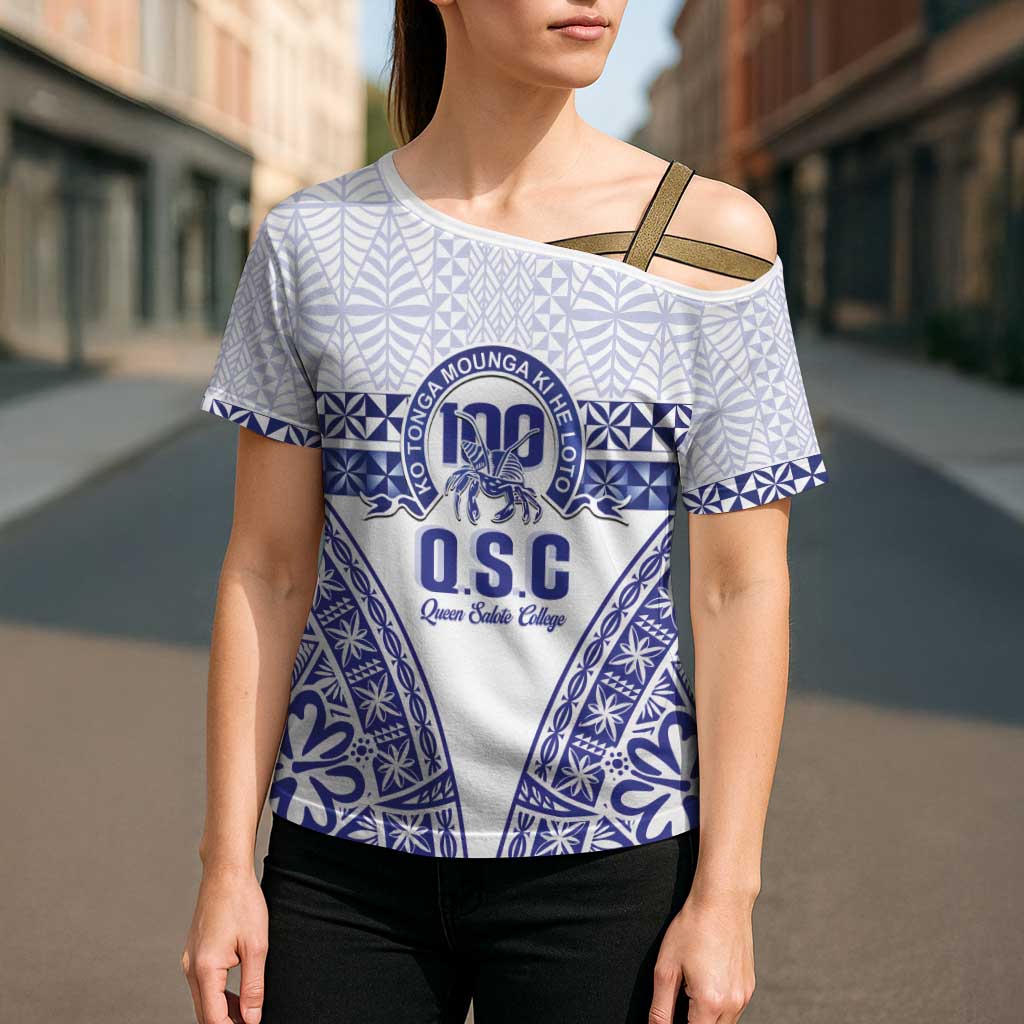 Personalised Queen Salote College Cross Shoulder Shirt Kolisi Fefine 100th Anniversary Kupesi White - Polynesian Pride