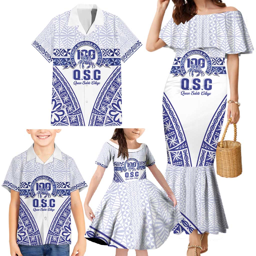 Personalised Queen Salote College Family Matching Mermaid Dress and Hawaiian Shirt Kolisi Fefine 100th Anniversary Kupesi White - Polynesian Pride