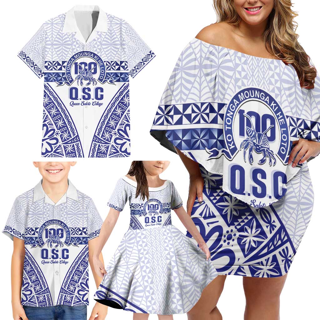Personalised Queen Salote College Family Matching Off Shoulder Short Dress and Hawaiian Shirt Kolisi Fefine 100th Anniversary Kupesi White - Polynesian Pride