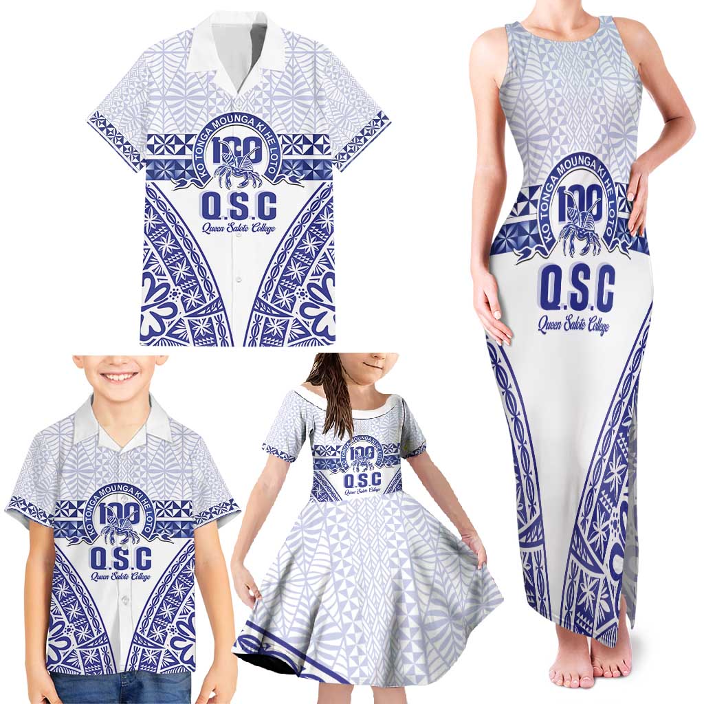 Personalised Queen Salote College Family Matching Tank Maxi Dress and Hawaiian Shirt Kolisi Fefine 100th Anniversary Kupesi White - Polynesian Pride