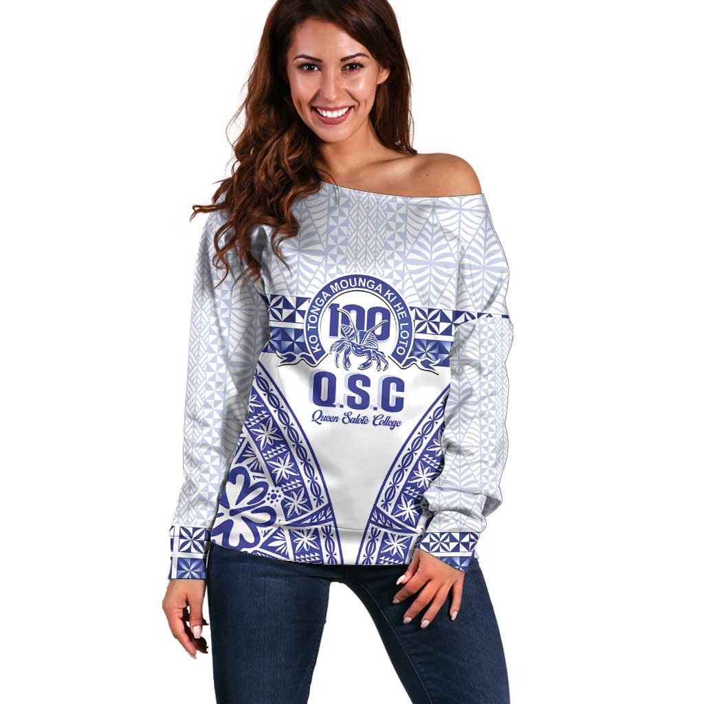 Personalised Queen Salote College Off Shoulder Sweater Kolisi Fefine 100th Anniversary Kupesi White - Polynesian Pride