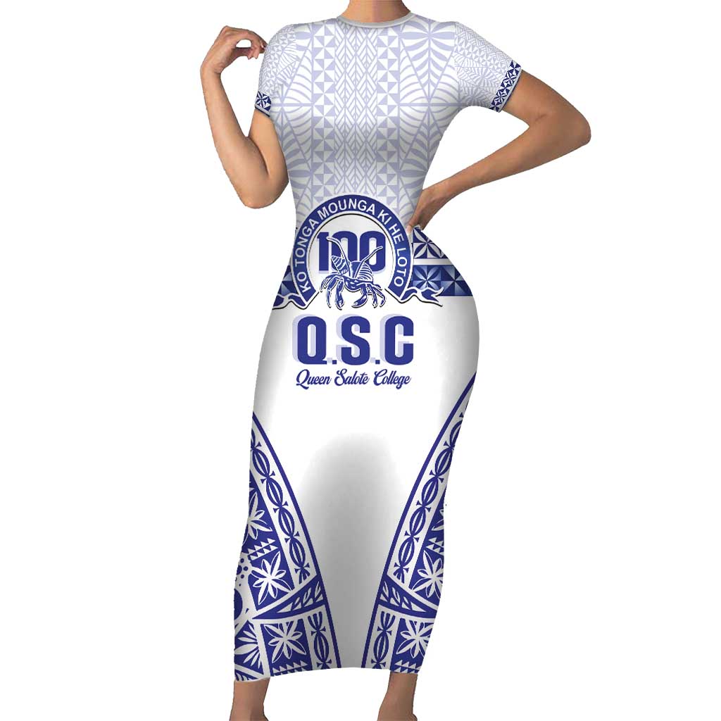 Personalised Queen Salote College Short Sleeve Bodycon Dress Kolisi Fefine 100th Anniversary Kupesi White - Polynesian Pride