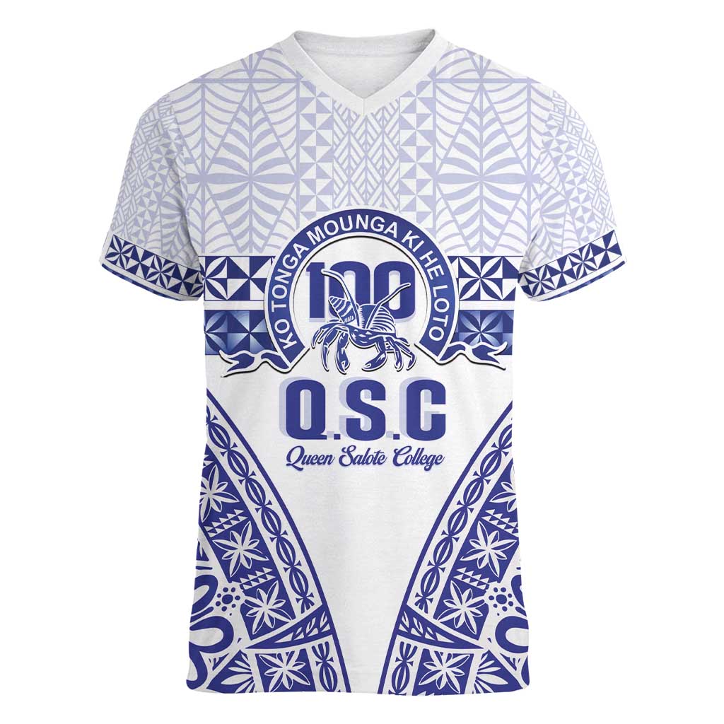 Personalised Queen Salote College Women V-Neck T-Shirt Kolisi Fefine 100th Anniversary Kupesi White - Polynesian Pride