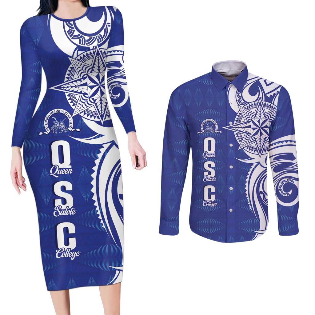 Personalised Queen Salote College Couples Matching Long Sleeve Bodycon Dress and Long Sleeve Button Shirt QSC Est 1926 Ngatu Pattern - Polynesian Pride