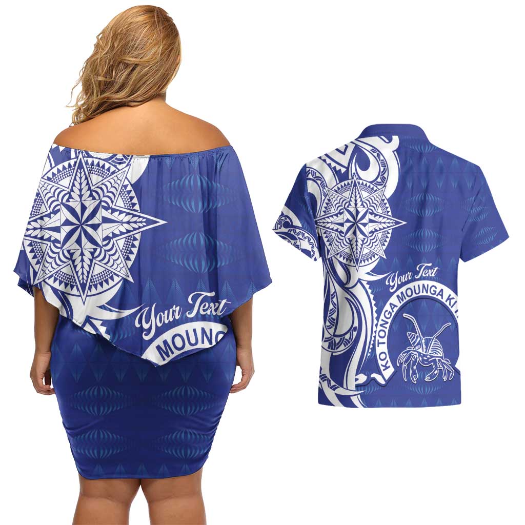 Personalised Queen Salote College Couples Matching Off Shoulder Short Dress and Hawaiian Shirt QSC Est 1926 Ngatu Pattern - Polynesian Pride