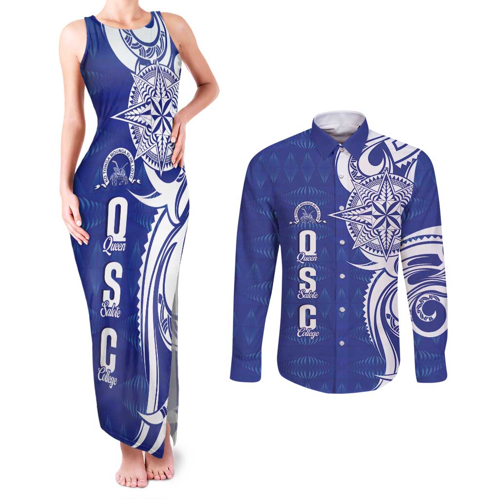 Personalised Queen Salote College Couples Matching Tank Maxi Dress and Long Sleeve Button Shirt QSC Est 1926 Ngatu Pattern - Polynesian Pride