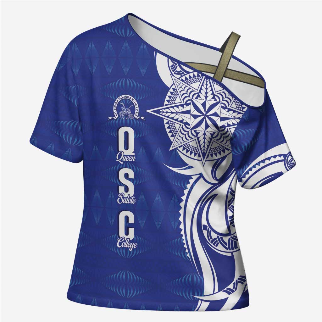 Personalised Queen Salote College Cross Shoulder Shirt QSC Est 1926 Ngatu Pattern - Polynesian Pride