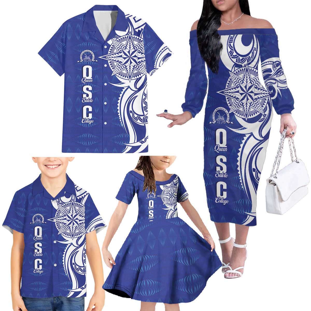 Personalised Queen Salote College Family Matching Off The Shoulder Long Sleeve Dress and Hawaiian Shirt QSC Est 1926 Ngatu Pattern - Polynesian Pride