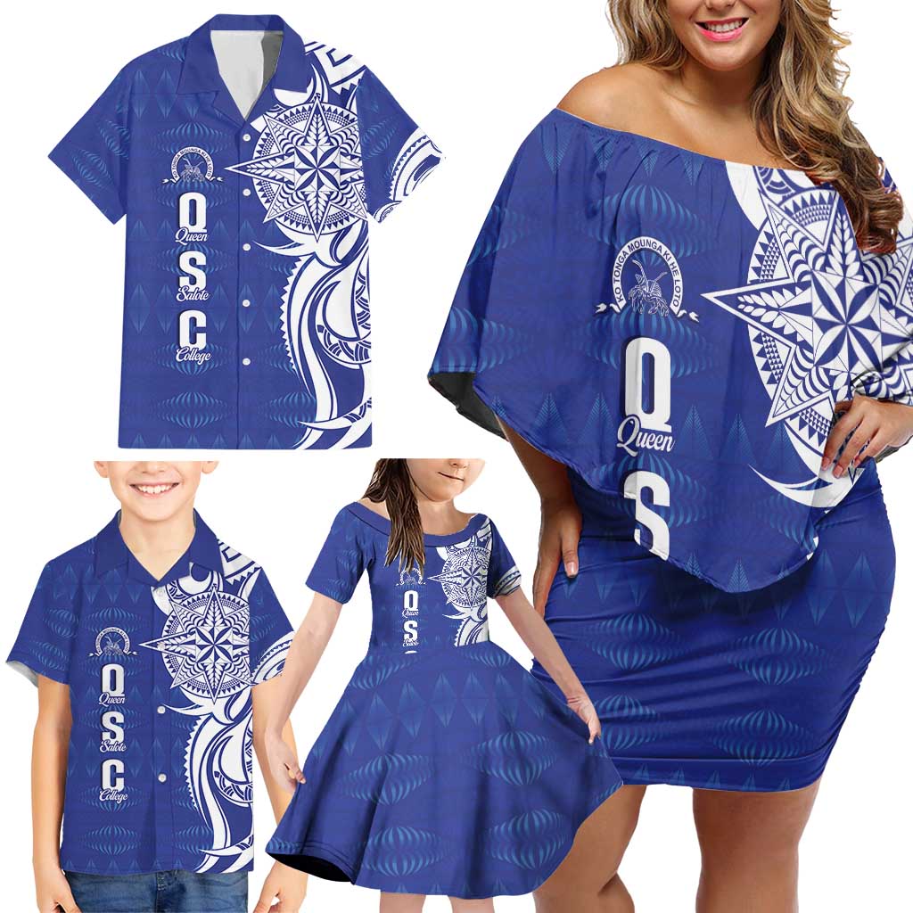 Personalised Queen Salote College Family Matching Off Shoulder Short Dress and Hawaiian Shirt QSC Est 1926 Ngatu Pattern - Polynesian Pride