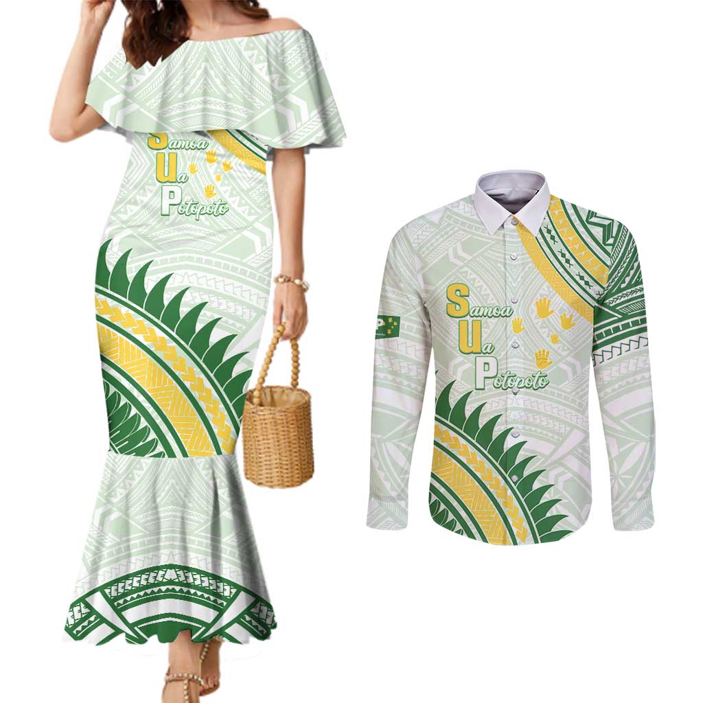 Personalised Samoa Ua Potopoto Couples Matching Mermaid Dress and Long Sleeve Button Shirt SUP Est 2025 Samoan Pattern - Polynesian Pride