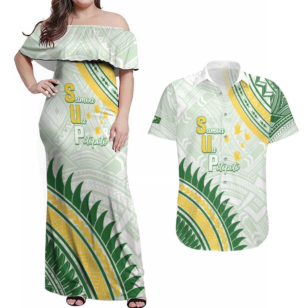 Personalised Samoa Ua Potopoto Couples Matching Off Shoulder Maxi Dress and Hawaiian Shirt SUP Est 2025 Samoan Pattern - Polynesian Pride