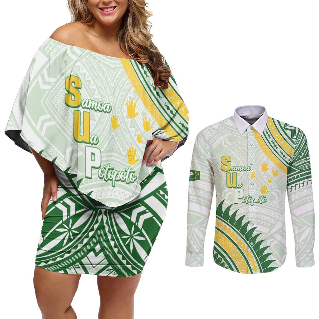 Personalised Samoa Ua Potopoto Couples Matching Off Shoulder Short Dress and Long Sleeve Button Shirt SUP Est 2025 Samoan Pattern - Polynesian Pride