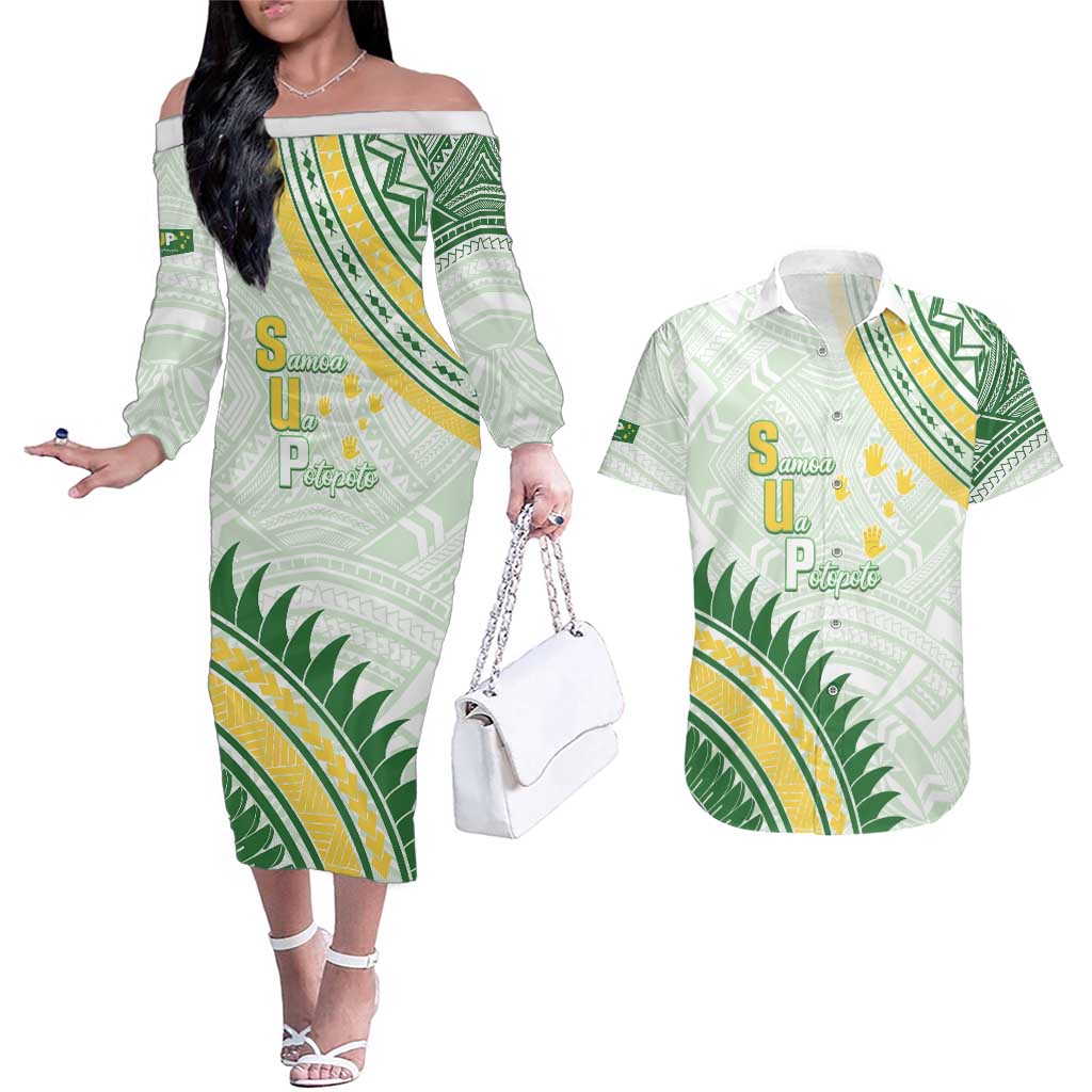 Personalised Samoa Ua Potopoto Couples Matching Off The Shoulder Long Sleeve Dress and Hawaiian Shirt SUP Est 2025 Samoan Pattern - Polynesian Pride