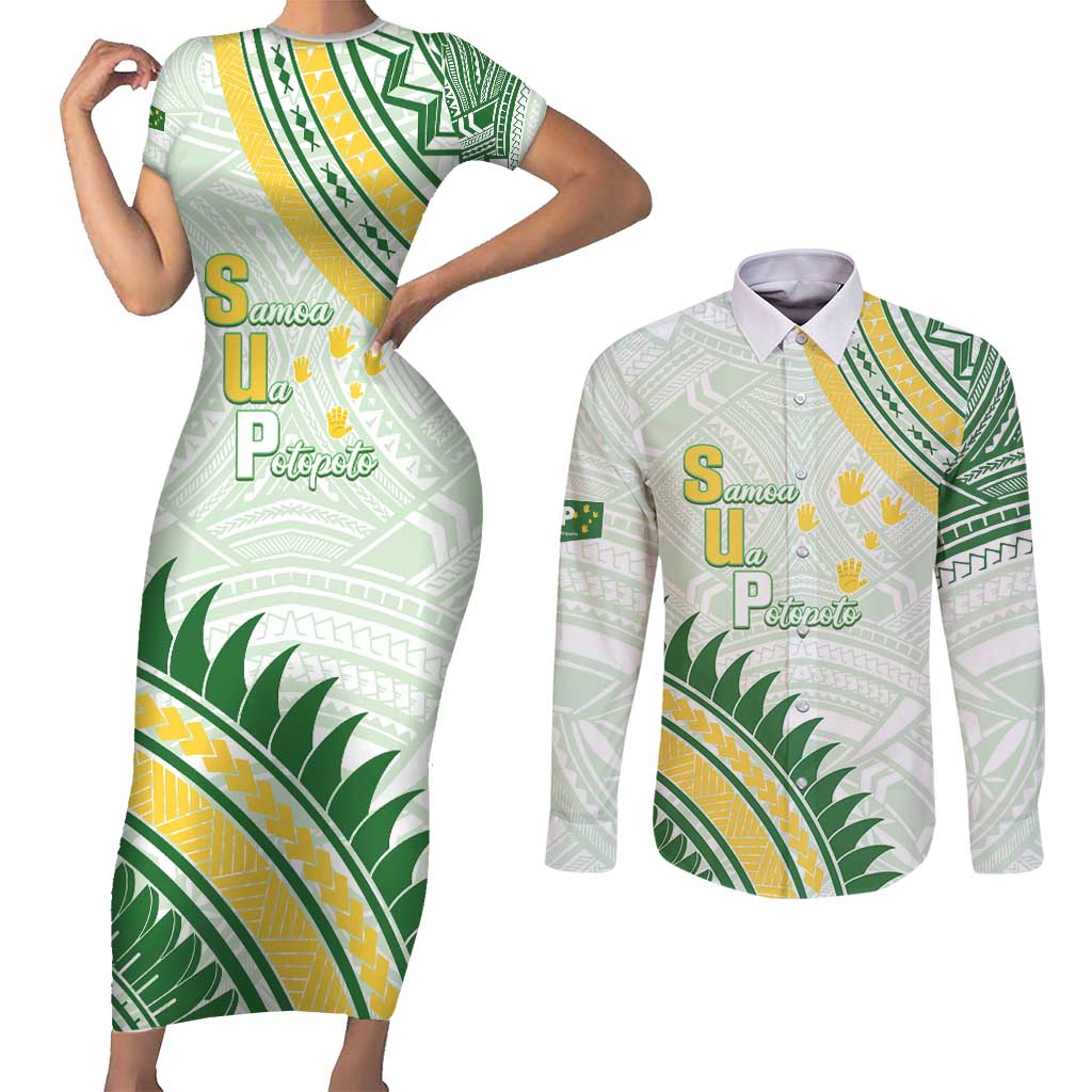 Personalised Samoa Ua Potopoto Couples Matching Short Sleeve Bodycon Dress and Long Sleeve Button Shirt SUP Est 2025 Samoan Pattern - Polynesian Pride