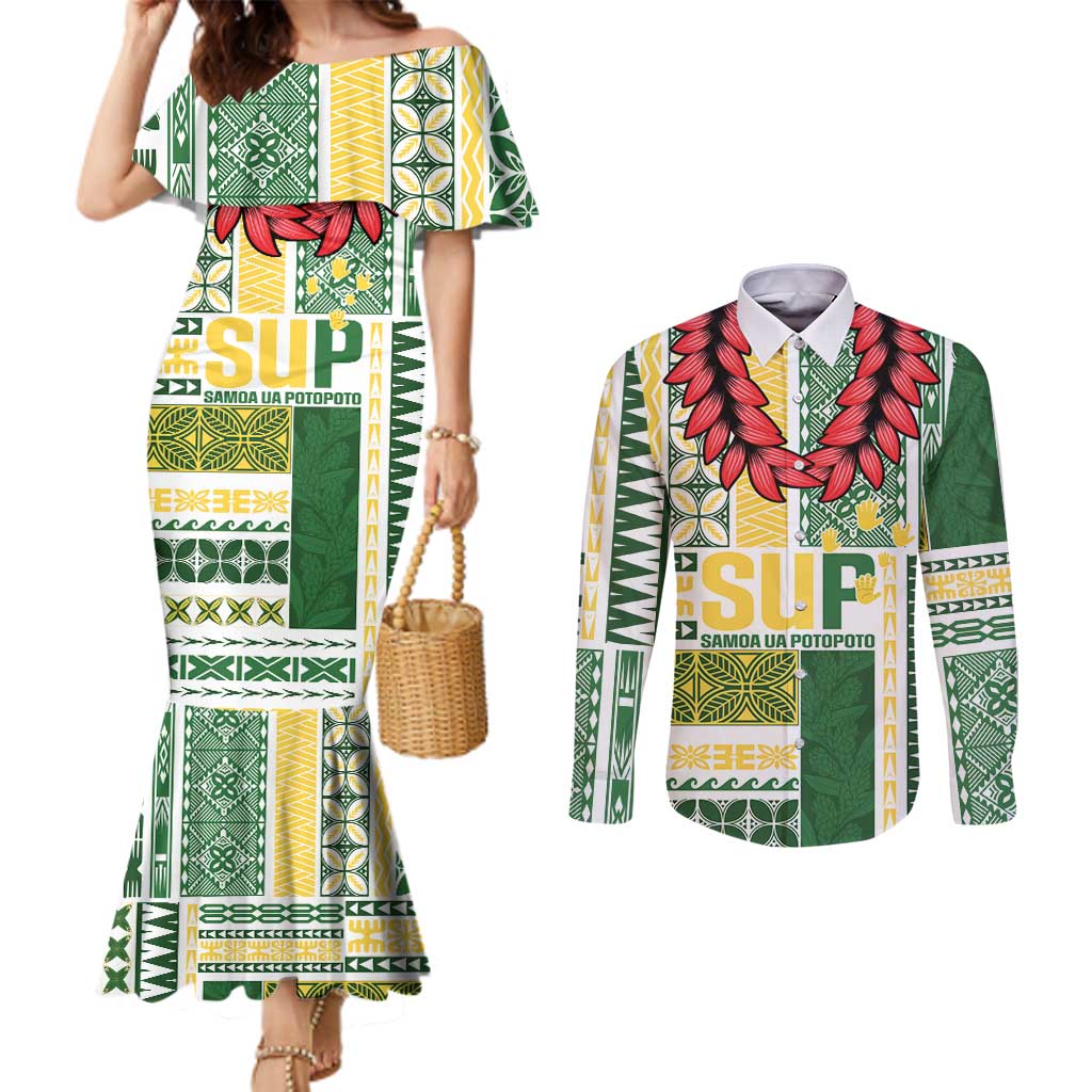 Samoa Uniting Party Couples Matching Mermaid Dress and Long Sleeve Button Shirt SUP Est 2025 Siapo Pattern - Polynesian Pride