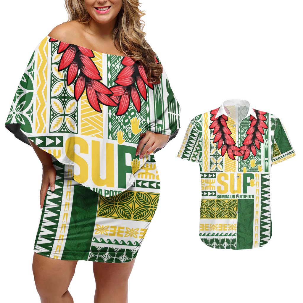 Samoa Uniting Party Couples Matching Off Shoulder Short Dress and Hawaiian Shirt SUP Est 2025 Siapo Pattern - Polynesian Pride