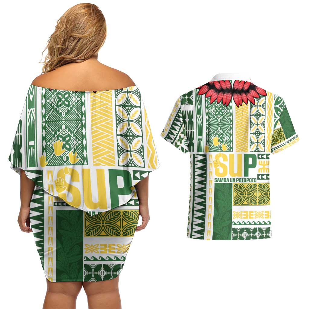 Samoa Uniting Party Couples Matching Off Shoulder Short Dress and Hawaiian Shirt SUP Est 2025 Siapo Pattern - Polynesian Pride