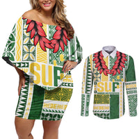 Samoa Uniting Party Couples Matching Off Shoulder Short Dress and Long Sleeve Button Shirt SUP Est 2025 Siapo Pattern - Polynesian Pride