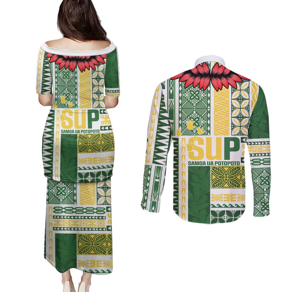 Samoa Uniting Party Couples Matching Puletasi and Long Sleeve Button Shirt SUP Est 2025 Siapo Pattern - Polynesian Pride