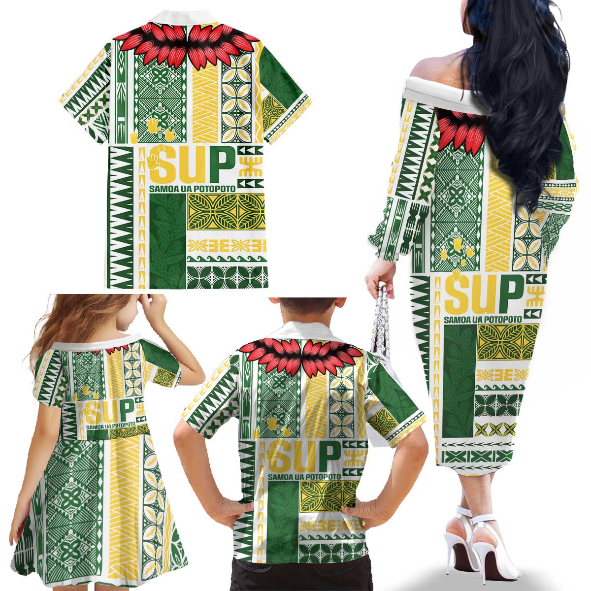 Samoa Uniting Party Family Matching Off The Shoulder Long Sleeve Dress and Hawaiian Shirt SUP Est 2025 Siapo Pattern - Polynesian Pride
