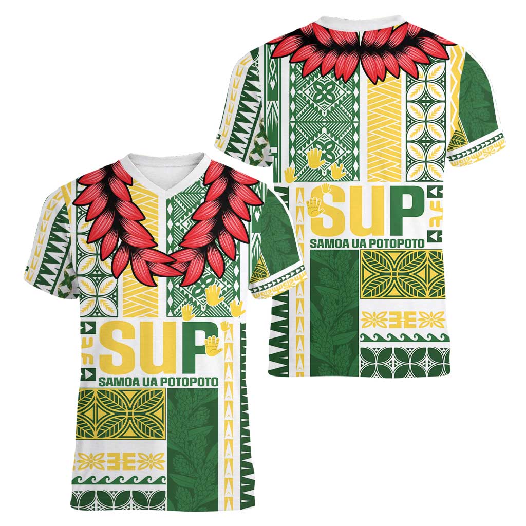 Samoa Uniting Party Women V-Neck T-Shirt SUP Est 2025 Siapo Pattern - Polynesian Pride