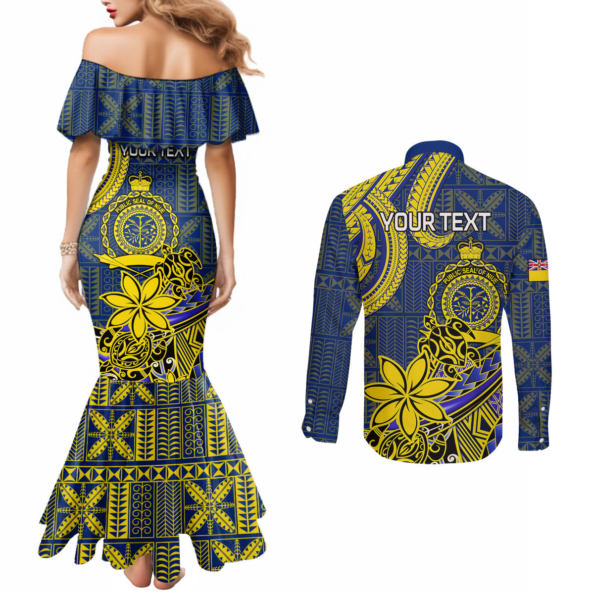Personalised Niue Peniamina Gospel Day Couples Matching Mermaid Dress and Long Sleeve Button Shirts Unique Niean Hiapo LT14 - Polynesian Pride