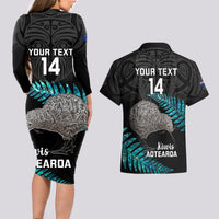 Custom New Zealand Silver Fern Rugby Couples Matching Long Sleeve Bodycon Dress and Hawaiian Shirt Pacific 2023 Kia Haka Kiwis With Maori Ta Moko LT14 - Polynesian Pride