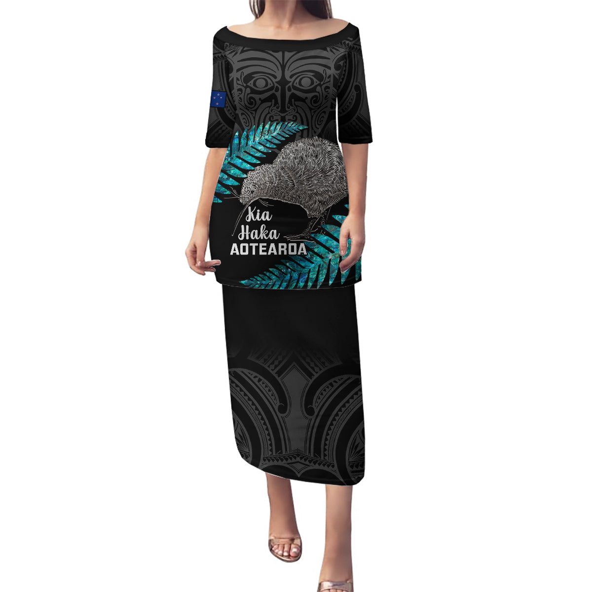 Custom New Zealand Silver Fern Rugby Family Matching Puletasi Dress and Hawaiian Shirt Pacific 2023 Kia Haka Kiwis With Maori Ta Moko LT14 Mom's Dress Black - Polynesian Pride