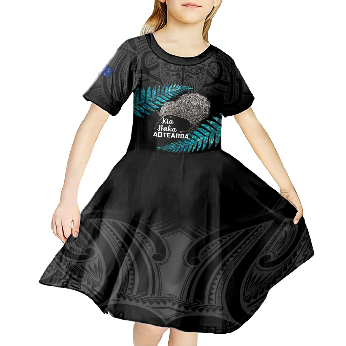 Custom New Zealand Silver Fern Rugby Kid Short Sleeve Dress Pacific 2023 Kia Haka Kiwis With Maori Ta Moko LT14 - Polynesian Pride