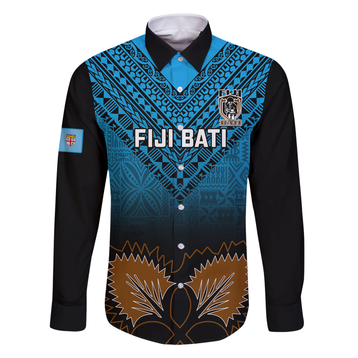Custom Fiji Tapa Rugby Family Matching Off Shoulder Long Sleeve Dress and Hawaiian Shirt Pacific 2023 Go Fijian Bati LT14 Dad's Shirt - Long Sleeve Blue - Polynesian Pride