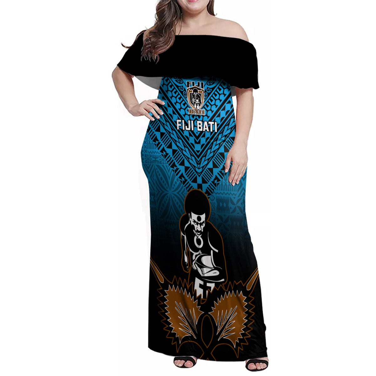 Custom Fiji Tapa Rugby Family Matching Off Shoulder Maxi Dress and Hawaiian Shirt Pacific 2023 Go Fijian Bati LT14 Mom's Dress Blue - Polynesian Pride