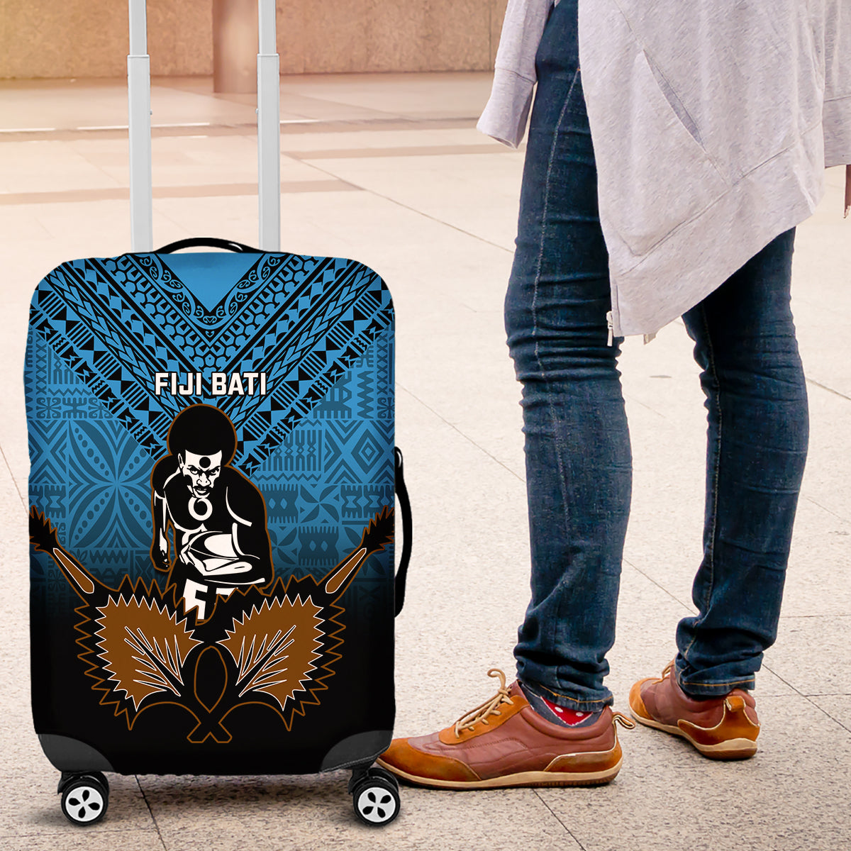 Fiji Tapa Rugby Luggage Cover Pacific 2023 Go Fijian Bati LT14 Blue - Polynesian Pride