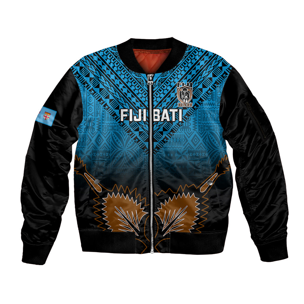 Custom Fiji Tapa Rugby Sleeve Zip Bomber Jacket Pacific 2023 Go Fijian Bati LT14 Unisex Blue - Polynesian Pride
