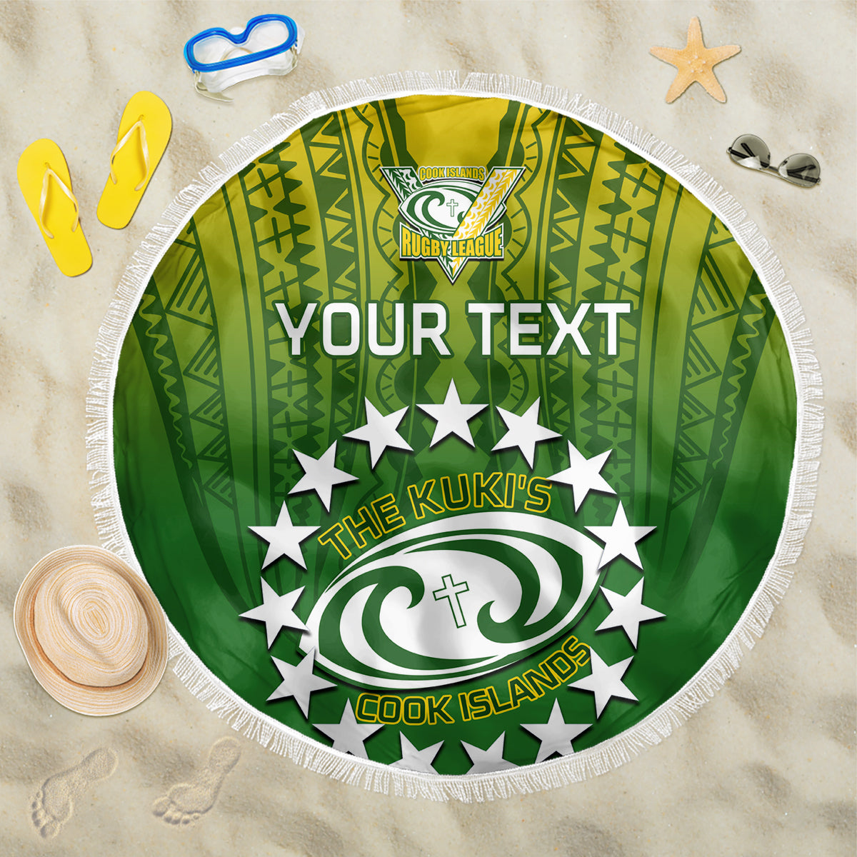 Custom Cook Islands Rugby Beach Blanket Pacific 2023 Go The Kukis LT14 One Size 150cm Green - Wonder Print Shop