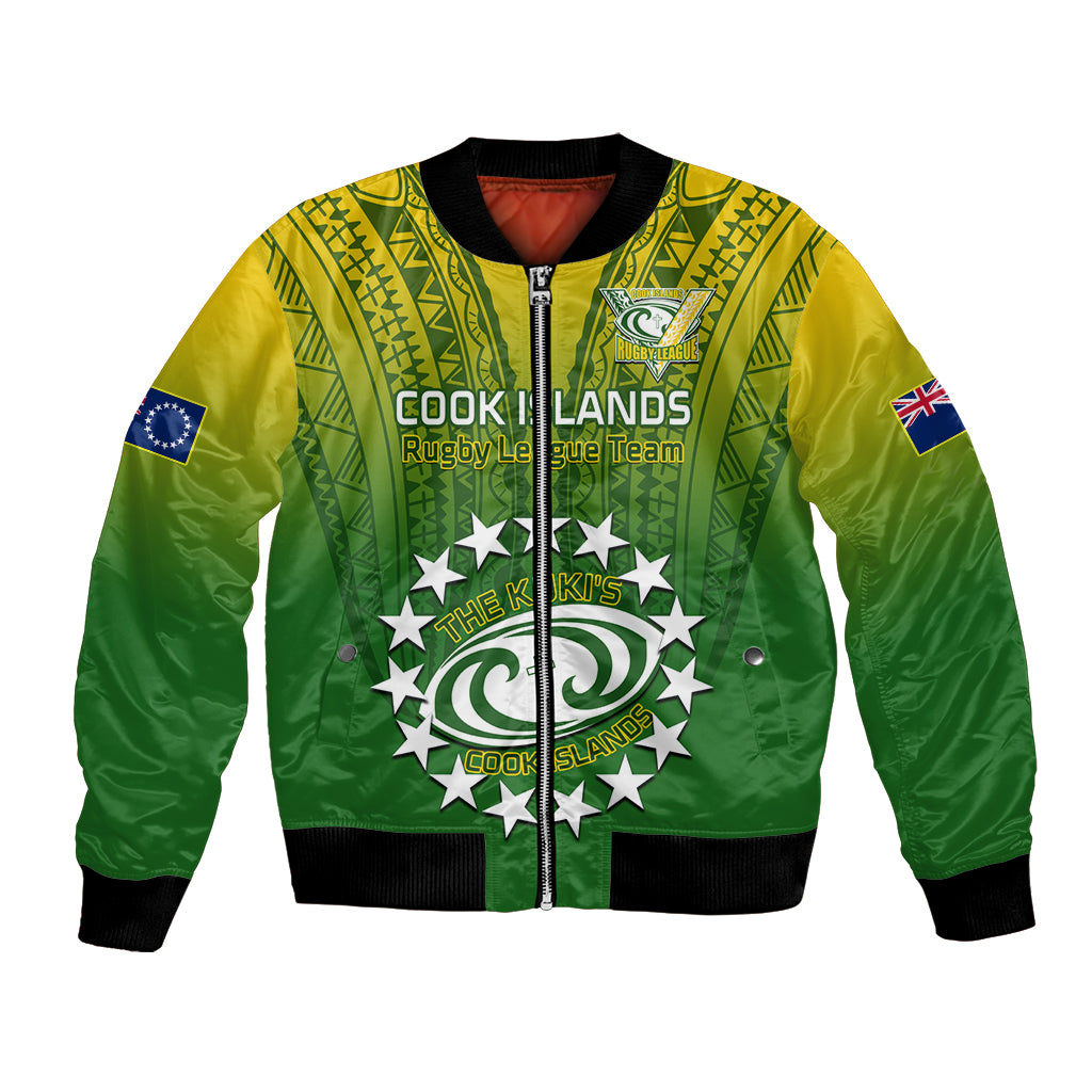 Custom Cook Islands Rugby Bomber Jacket Pacific 2023 Go The Kukis LT14 Unisex Green - Polynesian Pride