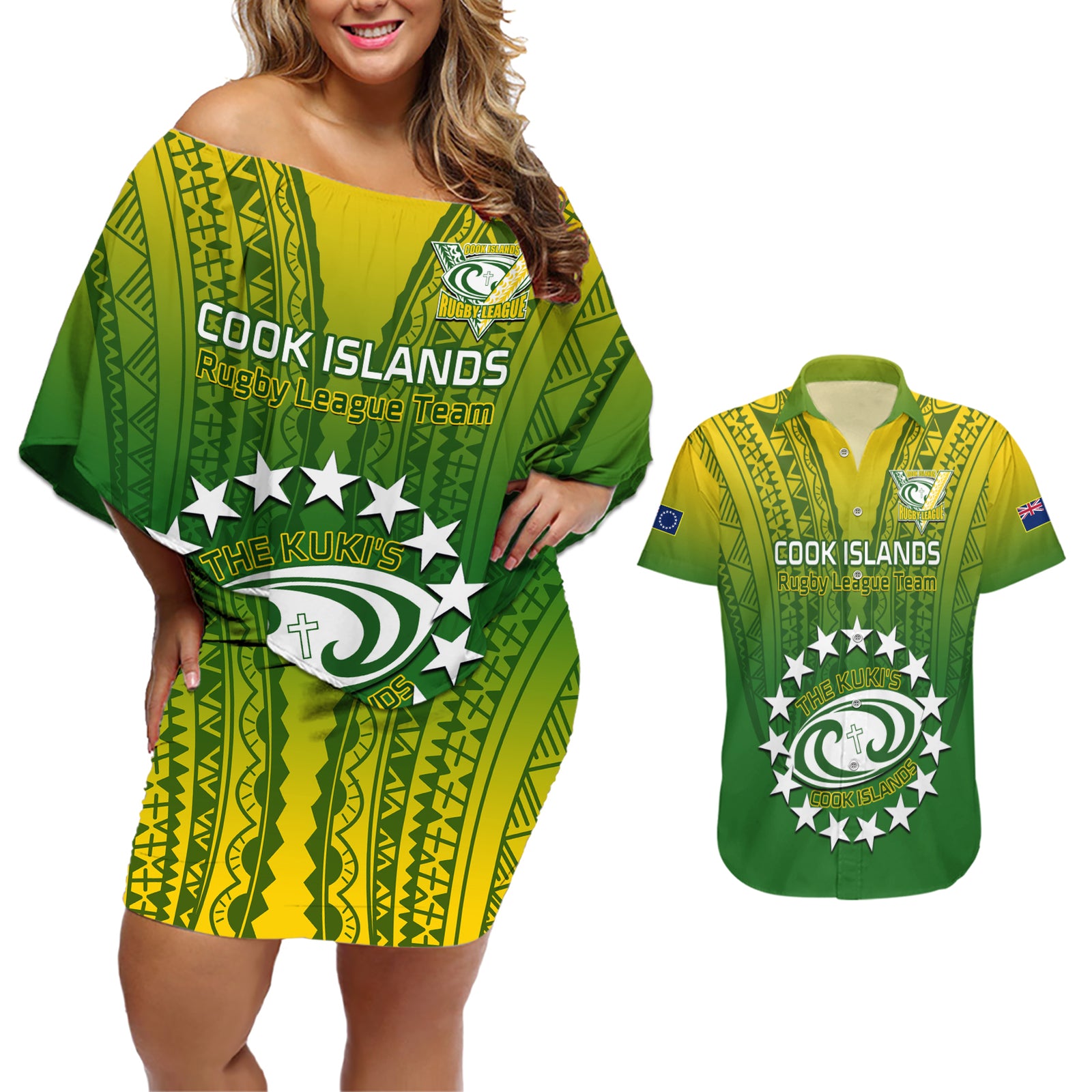 Custom Cook Islands Rugby Couples Matching Off Shoulder Short Dress and Hawaiian Shirt Pacific 2023 Go The Kukis LT14 Green - Polynesian Pride