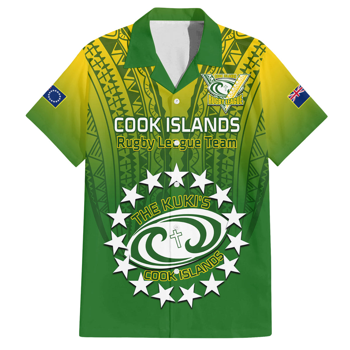 Custom Cook Islands Rugby Family Matching Puletasi Dress and Hawaiian Shirt Pacific 2023 Go The Kukis LT14 Dad's Shirt - Short Sleeve Green - Polynesian Pride