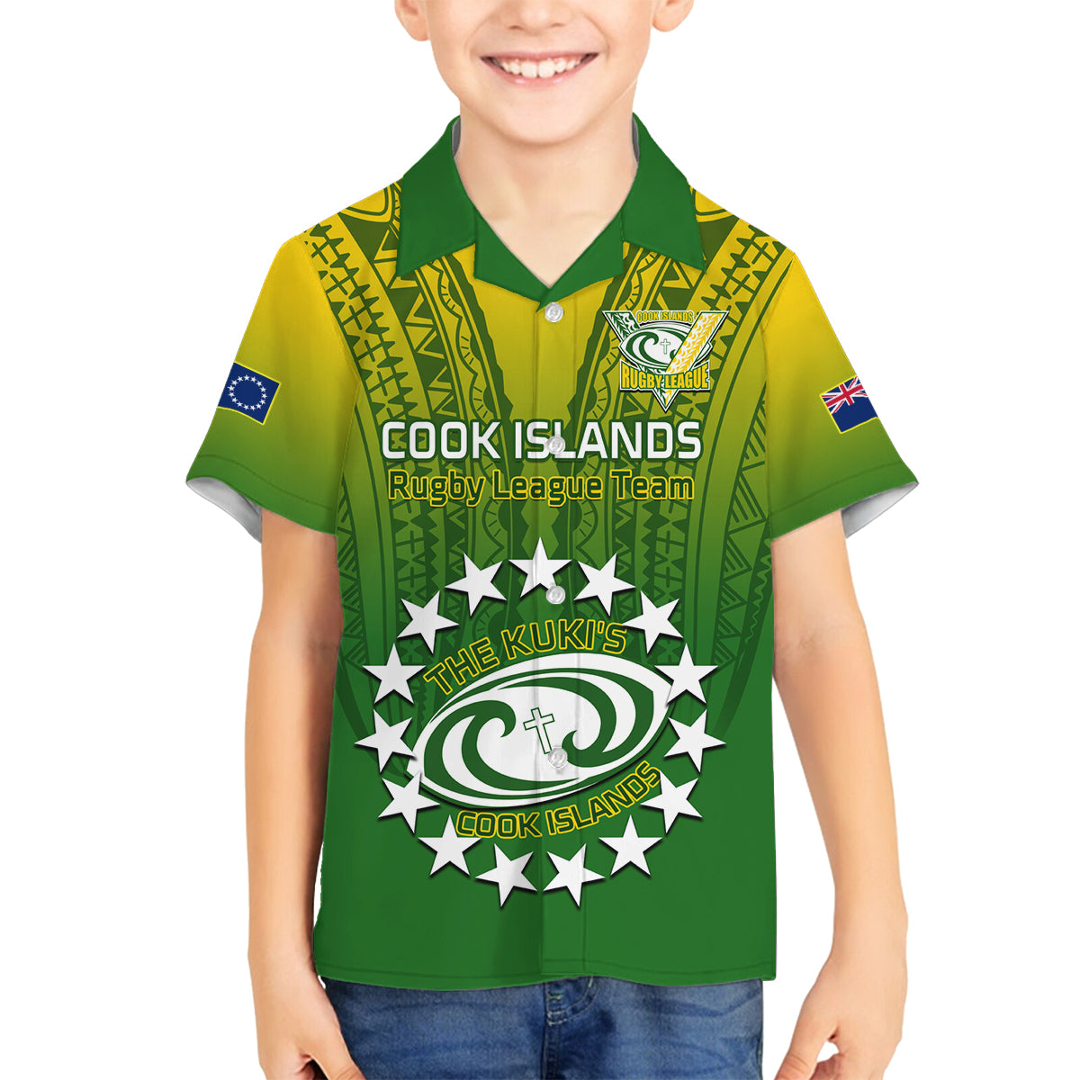 Custom Cook Islands Rugby Family Matching Puletasi Dress and Hawaiian Shirt Pacific 2023 Go The Kukis LT14 Son's Shirt Green - Polynesian Pride