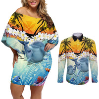 Aloha Hawaii Dolphins Couples Matching Off Shoulder Short Dress and Long Sleeve Button Shirt Heart Of The Ocean Tropical Summer Vibes LT14 Blue - Polynesian Pride