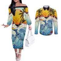 Aloha Hawaii Dolphins Couples Matching Off The Shoulder Long Sleeve Dress and Long Sleeve Button Shirt Heart Of The Ocean Tropical Summer Vibes LT14 Blue - Polynesian Pride