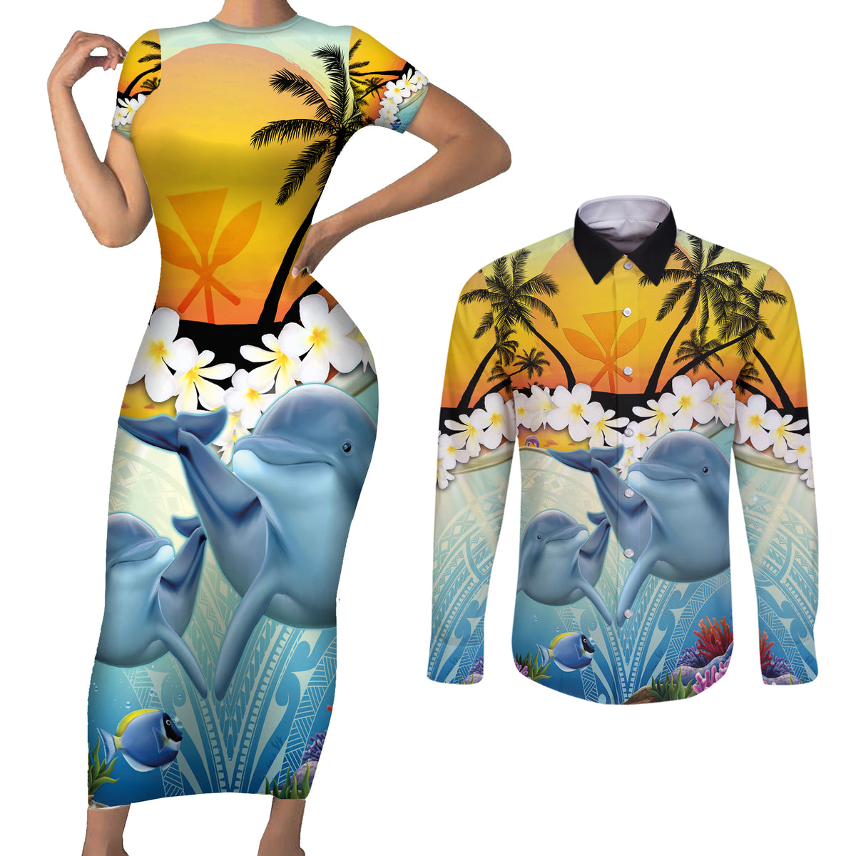 Aloha Hawaii Dolphins Couples Matching Short Sleeve Bodycon Dress and Long Sleeve Button Shirt Heart Of The Ocean Tropical Summer Vibes LT14 Blue - Polynesian Pride
