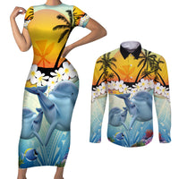 Aloha Hawaii Dolphins Couples Matching Short Sleeve Bodycon Dress and Long Sleeve Button Shirt Heart Of The Ocean Tropical Summer Vibes LT14 Blue - Polynesian Pride
