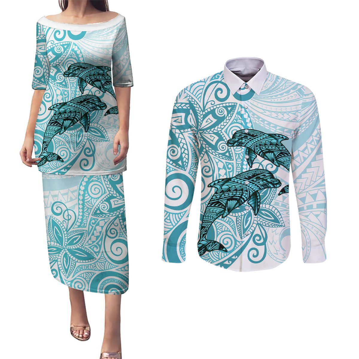 Polynesia Dolphins Couples Matching Puletasi and Long Sleeve Button Shirt Valentine Day Floral Polynesian - Vintage Dark Cyan LT14 Dark Cyan - Polynesian Pride