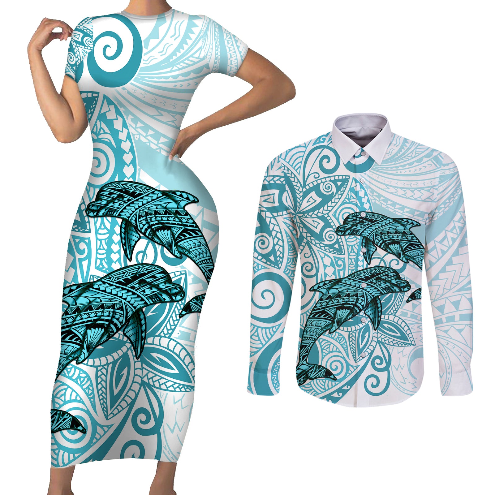 Polynesia Dolphins Couples Matching Short Sleeve Bodycon Dress and Long Sleeve Button Shirt Valentine Day Floral Polynesian - Vintage Dark Cyan LT14 Dark Cyan - Polynesian Pride