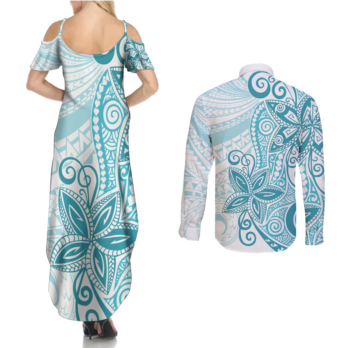 Polynesia Dolphins Couples Matching Summer Maxi Dress and Long Sleeve Button Shirt Valentine Day Floral Polynesian - Vintage Dark Cyan LT14 - Polynesian Pride