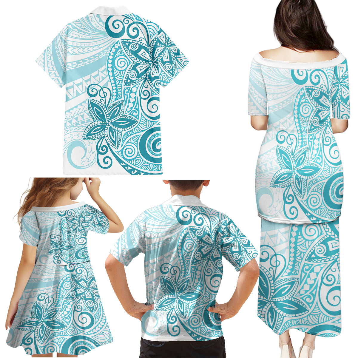 Polynesia Dolphins Family Matching Puletasi and Hawaiian Shirt Valentine Day Floral Polynesian - Vintage Dark Cyan LT14 - Polynesian Pride